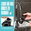A person is cleaning a juicer part under a faucet, with text overlays describing ease of cleaning. Produktbild-Vorschau