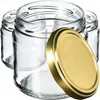 Several empty glass jars are arranged with one golden lid in the foreground. Produktbild-Vorschau