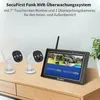 Two wireless security cameras and a 7-inch touchscreen monitor are displayed on a wooden surface, with text overlay describing the product. Anteprima dell’immagine prodotto