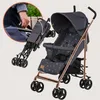 A stroller is shown in its unfolded state and a close-up shows it being folded. Produktbild-Vorschau