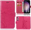 A collage of images showing a pink flip phone case with a floral and butterfly design, with one image showing the inside with card slots and currency, and another showing the back with a camera cutout. Produktbild-Vorschau