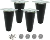 Four black furniture legs with silver mounting plates are shown against a white background. Below the legs are a pile of screws and four felt pads. Podgląd zdjęcia produktu