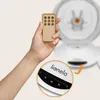 A hand holding a remote control for a baby swing, with a close-up inset of the baby swing's control panel. Produktbild-Vorschau