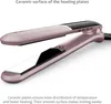 A close-up, angled view of a rose gold and black hair straightener, with text describing its ceramic plates. Produktbild-Vorschau