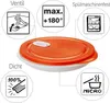 A round, orange and white food container with several informational icons surrounding it. Produktbild-Vorschau