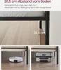 A bed frame with text and images illustrating its height from the floor, and showing a robot vacuum and luggage stored underneath. Produktbild-Vorschau