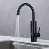 A black kitchen faucet with a digital display showing '35' is shown with water running into a sink. Produktbild-Vorschau