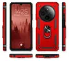 A collage of images showing a red smartphone case from different angles, including the front with a screen display, the back with a camera and ring holder, and the sides and bottom. Produktbild-Vorschau