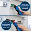 A hand holding a blue and black electrical tester near a circuit breaker panel. The image is split into two sections, showing the tester in different states. Náhľad obrázku produktu