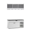 A white and gray entryway set consisting of a wall-mounted shelf with three fabric storage cubes and five hooks, and a white shoe bench with a gray upholstered seat and storage compartments. Produktbild-Vorschau