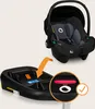 A car seat base and a car seat are shown, with an arrow indicating how they connect. A close-up inset shows a detail of the connection mechanism. Podgląd zdjęcia produktu