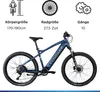 A blue Zündapp electric mountain bike is shown against a white background, with icons and text above detailing its specifications. Produktbild-Vorschau