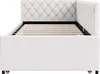 A side view of a white upholstered bed frame with a tufted headboard and a slatted mattress support. Produktbild-Vorschau