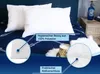 Two white pillows are shown on a dark blue bedspread, with close-up insets highlighting the fabric and zipper. Produktbild-Vorschau