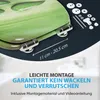 A close-up of a toilet seat with a green leaf design, showing mounting hardware and text about easy installation. Produktbild-Vorschau