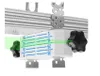 A close-up view of a white leveling device with blue markings and a green laser line, attached to a metal ceiling profile. Produktbild-Vorschau