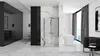 A modern bathroom with a shower cabin, bathtub, and large window. Produktbild-Vorschau