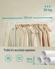 A clothing rack with clothes hanging on it, with measurement and weight capacity indicators, and pipe material details. Náhled obrázku produktu