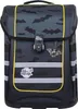 A front view of a dark-colored backpack with a bat pattern and yellow trim. Voir les images du produit