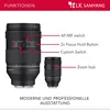 A diagram showing features of a camera lens with labels and descriptive text. Produktbild-Vorschau