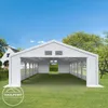 A large white party tent set up on a grassy lawn with a house and trees in the background. Produktbild-Vorschau
