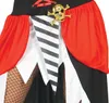 Close-up of a pirate costume skirt with red ruffles, black and white striped fabric, and a gold skull and crossbones emblem. Produktbild-Vorschau