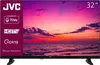 A JVC television displaying a sunset over the ocean, with product information on the left side. Produktbild-Vorschau