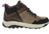 A side view of a brown and beige hiking boot with a maroon accent. Produktbild-Vorschau