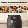 A collage of food images above a black air fryer with a digital display. Produktbild-Vorschau