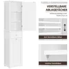 A white tall cabinet with its door open, showing adjustable shelves. Text overlays describe features. Produktbild-Vorschau