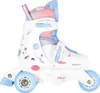A white roller skate with blue and pink accents, shown from the side against a white background. Produktbild-Vorschau