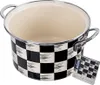 A black and white checkered enamel pot with silver handles, shown from a slightly elevated angle against a white background. A product tag is attached to one of the handles. Produktbild-Vorschau
