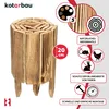 A wooden roll border for garden beds, with marketing information and icons. Produktbild-Vorschau