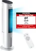 A white tower fan with a remote control and a test review badge. Produktbild-Vorschau