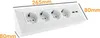 A white power strip with four European-style outlets and two USB ports, with dimensions indicated. Produktbild-Vorschau