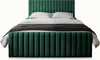 A green upholstered bed with white pillows and a dark blanket. Produktbild-Vorschau