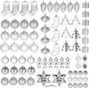 A collection of silver Christmas ornaments arranged in rows. Produktbild-Vorschau