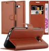 A brown leather flip case for a smartphone is displayed, open to show the phone and card slots. Podgląd zdjęcia produktu