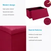 A collage of images showing a red storage ottoman, its features, and details. Náhled obrázku produktu