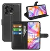 A black leather flip case wallet for a ZTE Blade V70 Vita phone, shown open with cards and cash inserted, and a separate view of the phone in the case. Produktbild-Vorschau