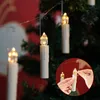 LED candles hanging on a Christmas tree, with a close-up inset showing how to attach them. Produktbild-Vorschau