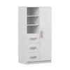 A white wardrobe with wooden handles and shelves, shown against a white background. Náhľad obrázku produktu