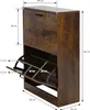 A shoe cabinet with dimensions shown, featuring two flip-out compartments. Náhled obrázku produktu