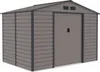 A metal garden shed with double doors and a pitched roof. Náhled obrázku produktu