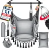 A collage of a hanging chair and its accessories, with marketing labels. Produktbild-Vorschau