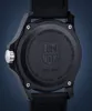 Close-up of the back of a black Luminox watch, showing the case back with engraved text and logo. Voir les images du produit