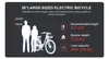 A graphic displaying information about a large-sized electric bicycle, including dimensions and specifications, with silhouettes of two people and the bicycle itself. Produktbild-Vorschau