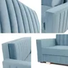 A collage of four close-up images of a light blue upholstered sofa, showing details of its stitching and armrest. Produktbild-Vorschau