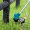 A string trimmer is shown next to a wooden fence post in a grassy area. Produktbild-Vorschau