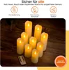A collection of LED candles on a wooden surface, with promotional text and icons at the top and a badge at the bottom right. Produktbild-Vorschau